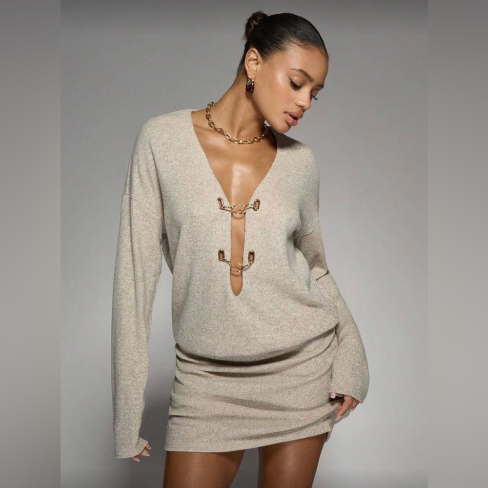 New Chic Beige Sweater Dress with Gold Accents size XS